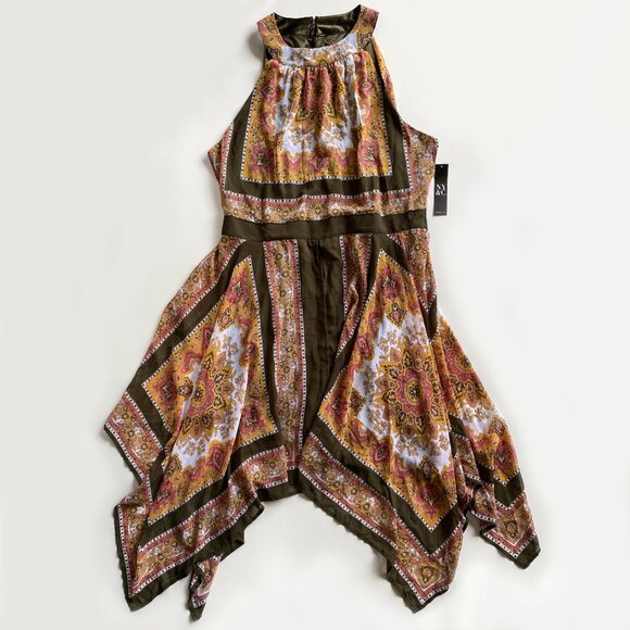 New York & Co Size 14 Halter Dress over Shorts Asymmetric Hem Olive Multicolor - Picture 2 of 11